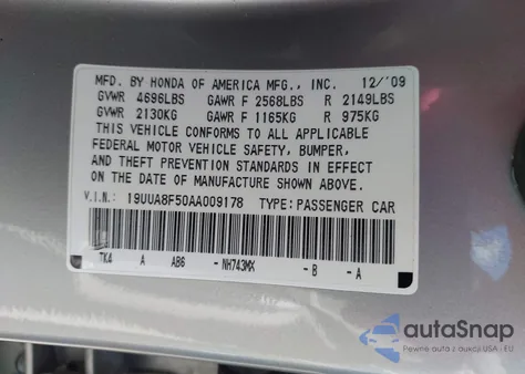2010 Acura Tl 3.5 z USA, uszkodzony, nr VIN 19UUA8F50AA009178